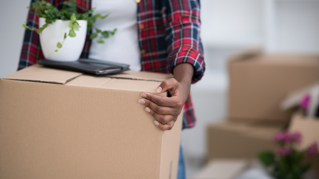 woman holding moving box with plant on top